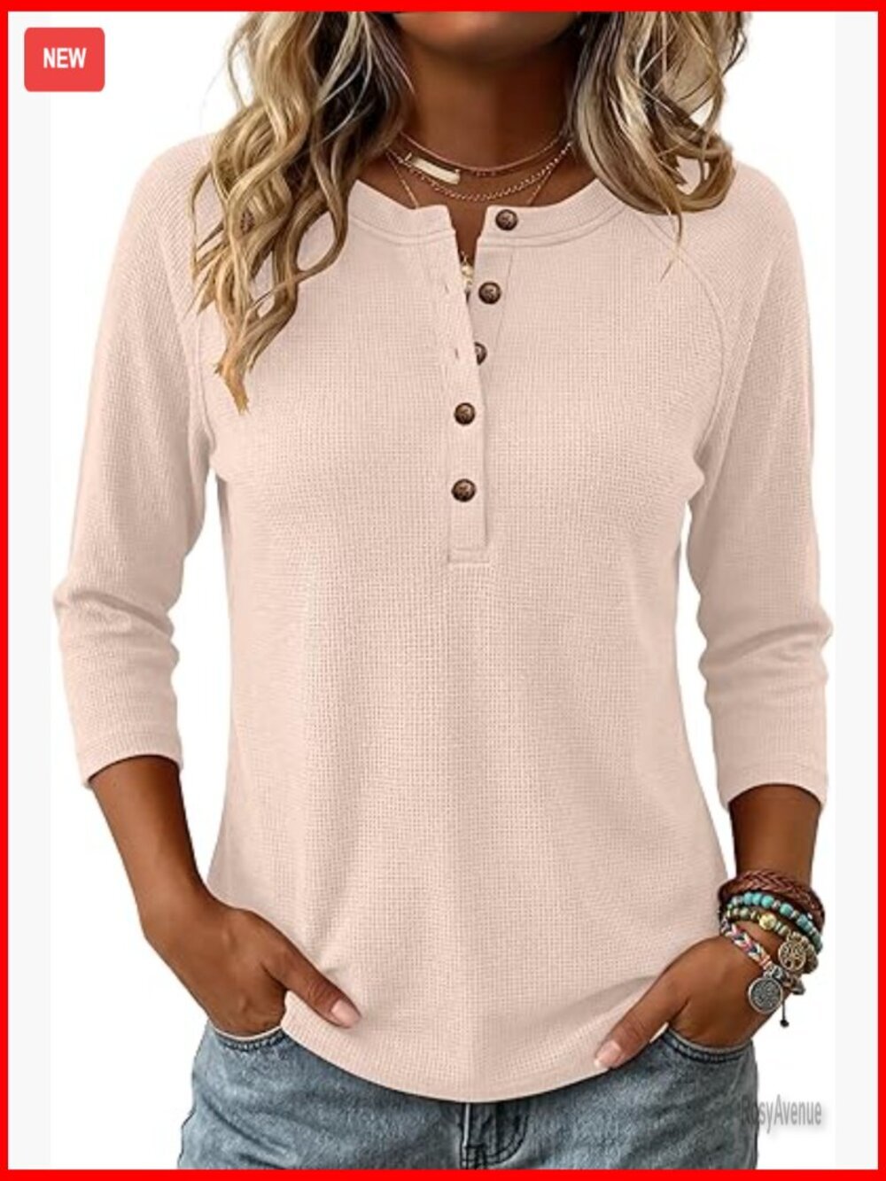 3/4 Sleeve Waffle Knit Top V-Neck Button Henley Shirt Loose Fit